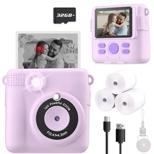 ESOXOFFORE Instant Print Camera for Kids, Christmas Birthday Gifts for Girls Boys, HD Digital Video Cameras for Toddler, Portable Toy for 4 5 6 7 8 9 10 Year Old Girl with 32GB SD Card-Purple