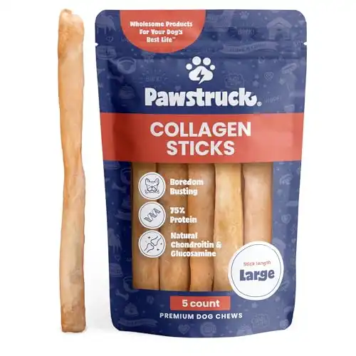 Pawstruck Natural Large 12" Beef Collagen Sticks for Dogs - Healthy Long Lasting Alternative to Traditional Rawhide - High Protein Treats w/Chondroitin & Glucosamine - 5 Count - Packaging May...