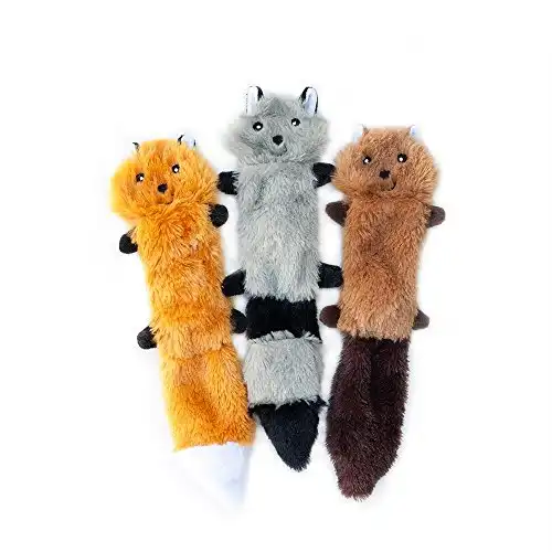 ZippyPaws Skinny Peltz - Fox, Raccoon, & Squirrel - No Stuffing Squeaky Dog Toys, Unstuffed Chew Toy for Small & Medium Breeds, Bulk Multi-Pack of 3 Soft Plush Toys, Flat No Stuffing Puppy Toy...